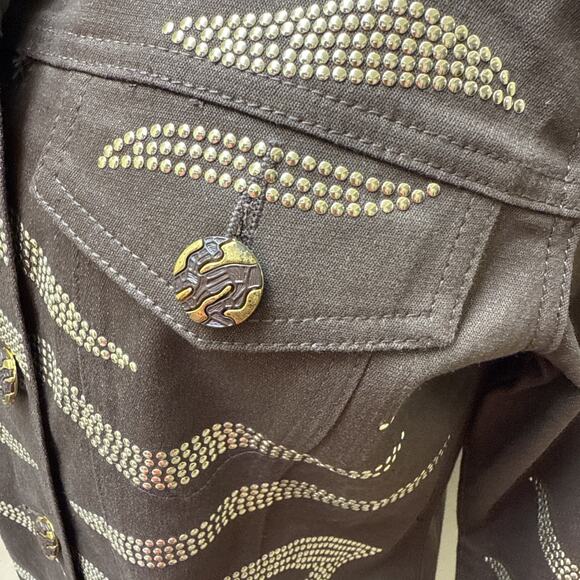 DG2 by Diane Gilman Brown Studded Denim Jacket Sz S Metallic Embellished - Picture 3 of 7